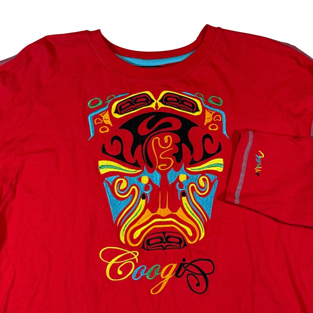 VTG Coogi Long Sleeve Shirt Mens XXL Red Embroidered Tribal Mask Hip Hop Street